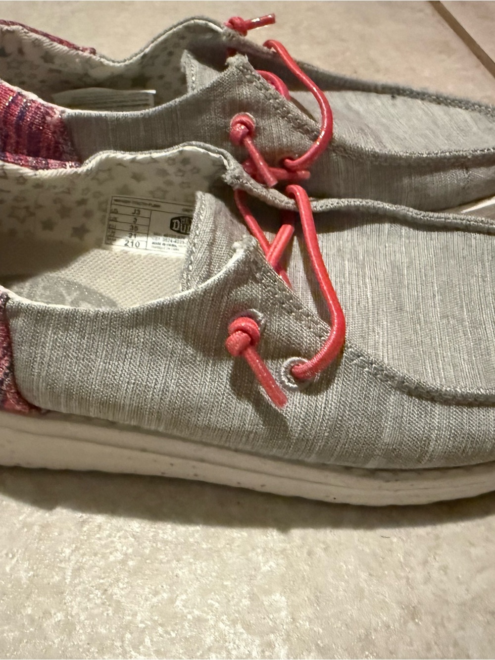 Youth size 3 Hey Dude Gray Slip-On Shoes w pink Laces